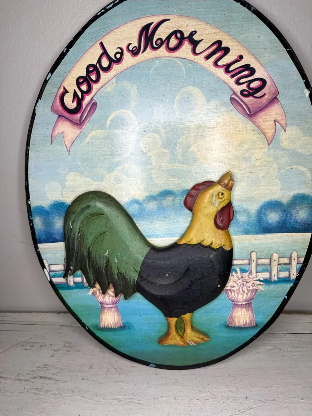 Good Morning Rooster Wall Plaque - Green, Black, Yellow